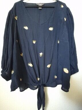 Navy Embroidered Tie-Front V-Neck Blouse